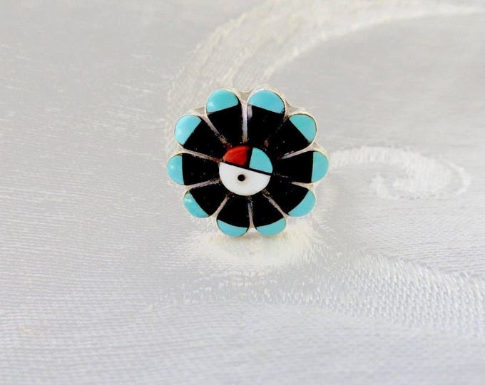Zuni Sun Face Ring, Signed RJV Zuni Artisan, Vintage Native American Jewelry, Size 7.5
