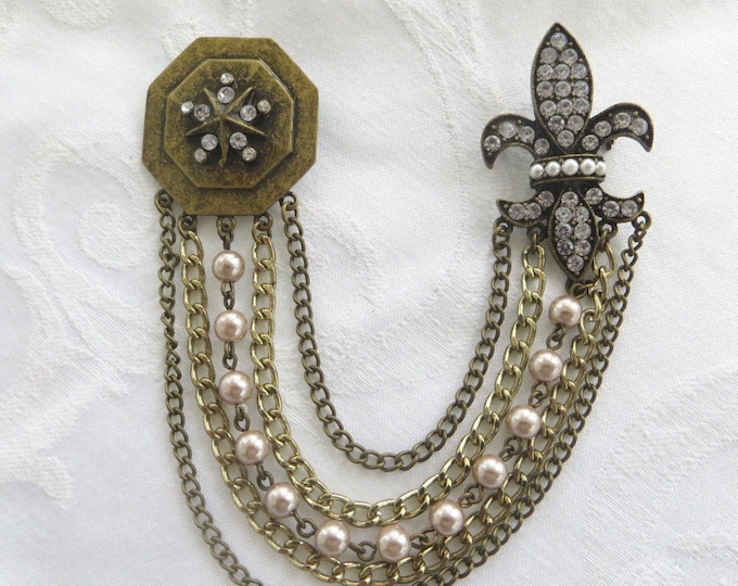 Fleur De Lis Chatelaine, Rhinestone with Hanging Pearls and Chains, Vintage Fleur Di Lis Pin, Paris Jewelry