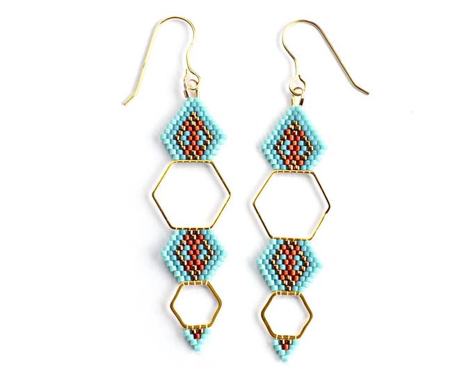 hexagon earrings, geometric earrings, minimalist earrings, earrings gold, turquoise jewelry, statement earrings, dangle earrings, beaded
