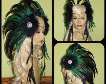 Black and green feather headdress with medallions
