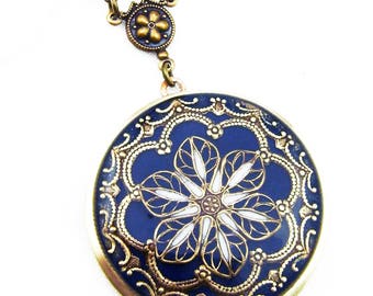 Dark Blue Resin Flower Brass Locket,Gift For Her, Birthday Gift For Her.