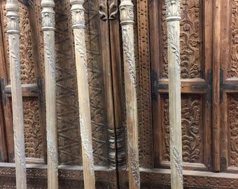 Indian Antique Five Hand Carved Architectural Pillars Columns Teak Leaf Bail Carved