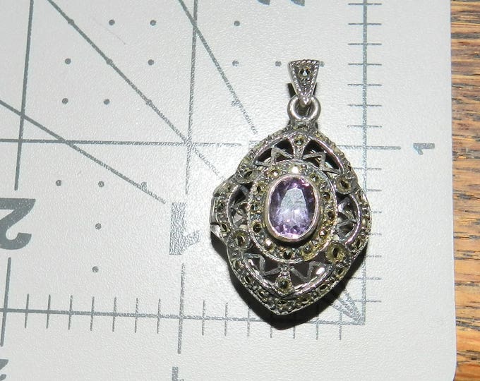 Vintage 925 Sterling Silver Amethyst Marcasite Locket Pendant Necklace with 20 inch Chain Art Deco Stamped Amethyst Jewelry Jewellry Gift