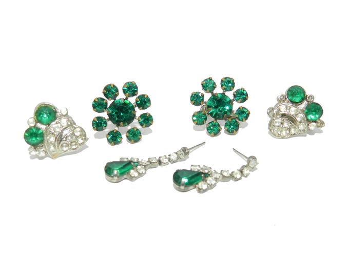 Vintage LOT (3) earrings, 1940s emerald glass stones, Art Deco Green Glass Earrings, Silver Tone, Vintage Jewelry, Costume Jewelry