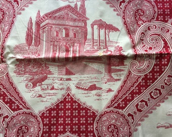 Vintage Red & White Toile Print Decorator Fabric // 36x28" > Greco-Roman Buildings, ornate