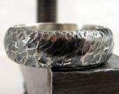 Mens Wedding Ring Domed Sterling Silver Hammered Textured Band 6mm Wide