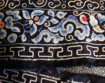 Antique Embroidered Panel Chinese 19th Century Dragon Robe Trim Forbidden Stitch