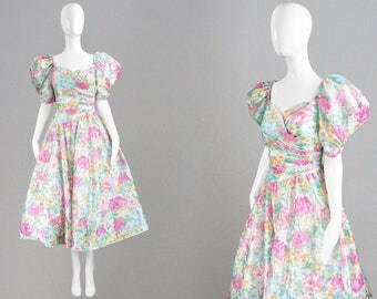 Vintage 80s Prom Dress Huge Puff Sleeves Floral Evening Dress Sweetheart Neckline Full Skirt Asymmetric Dress Fairytale Princess Romantic