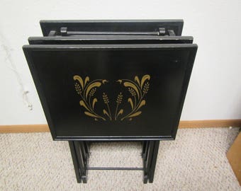 Set of 3 Woodcraft Lap High Deluxe Table, TV Trays with Storage Rack * folding table trays* Flower Design * TV table