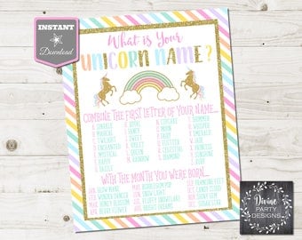 INSTANT DOWNLOAD Printable 8x10 What's Your Unicorn Name Birthday Party Sign / Unicorns & Rainbows Collection / Item #3511