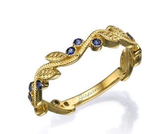 Leaves Blue Sapphire Ring, Engagement Ring, Wedding Ring, Wedding Band, Promise Ring, Yellow Gold Ring, 14k Ring, Art deco Ring, Gift
