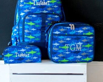 Boys Monogrammed Backpack-- Book bag Monogrammed -- Lunch Box -- Sharks --Pencil Bag Personalized bag-- Monogrammed Bookbag and Lunch Box--