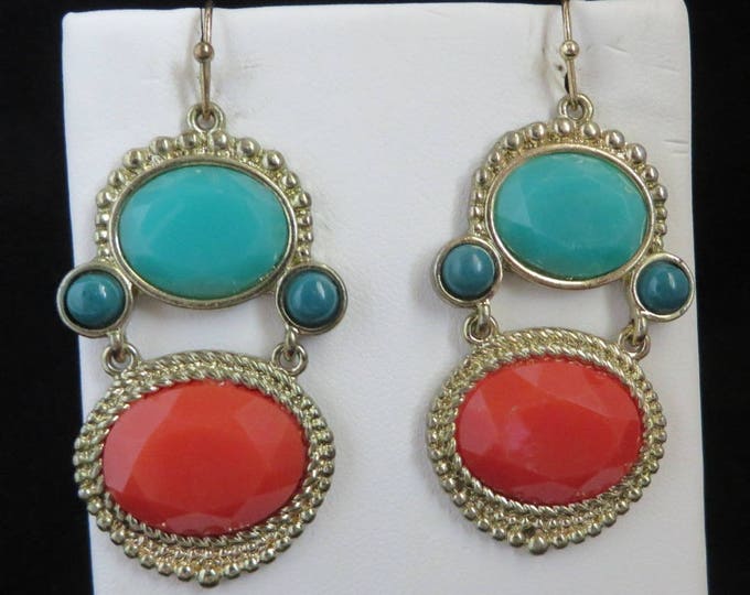 Faux Turquoise, Coral Earrings, Vintage Boho Dangling Earrings, Pierced Beaded Dangles, Hippie Jewelry