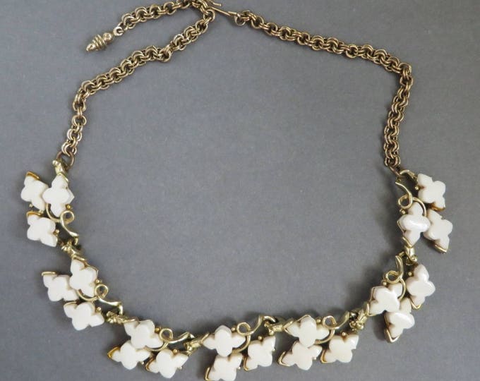 White Thermoset Necklace, Vintage Gold Tone Choker Leafy Necklace, 16 inch Summer Jewelry