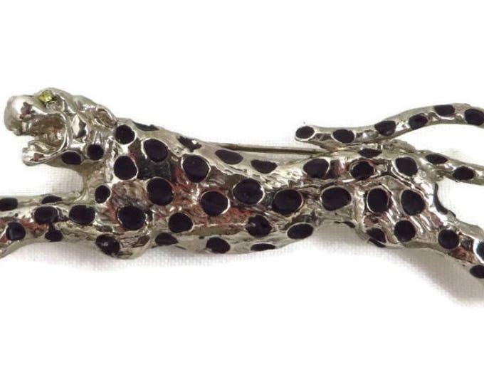 Vintage Leopard Brooch Silver Tone Leopard Pin 1970s Animal Pin Wide Enamel Brooch
