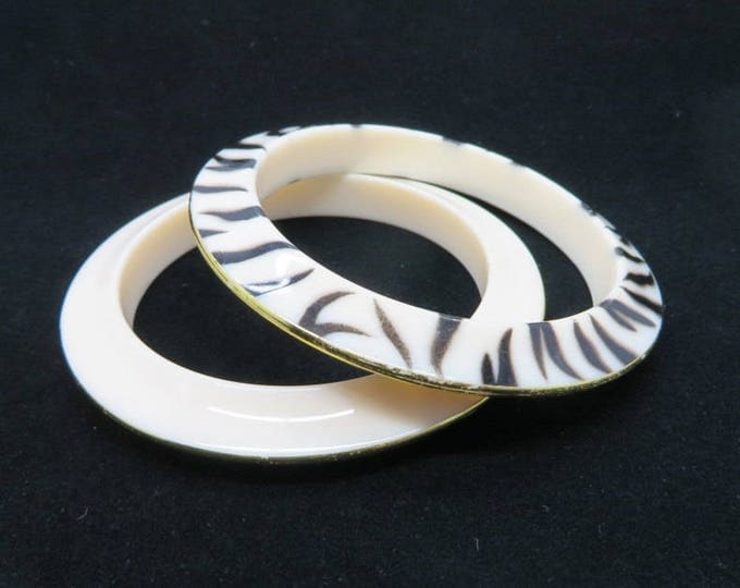 Lucite Bangles, Vintage Pasadena Jewelry Zebra Stripe, Cream Bracelets, Gold Edged Bangles, Gift for Her