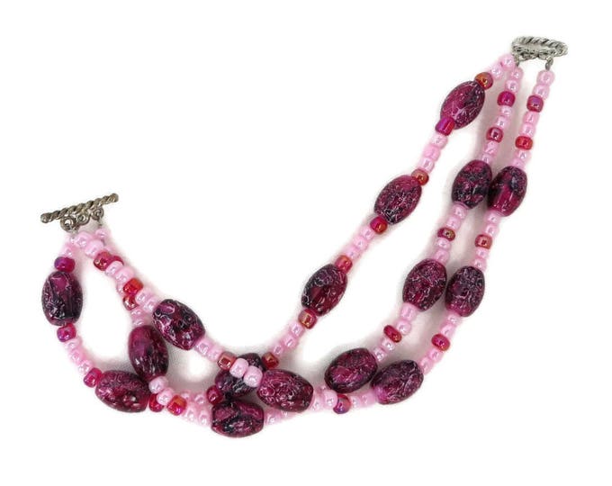 Vintage Beaded Bracelet - Pink Purple Bead Bracelet, Multistrand Boho Beaded Bracelet