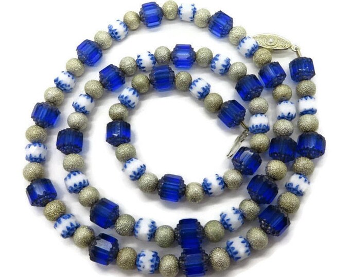Vintage Glass Necklace, Blue, White, Cream Bead Necklace, Frosted Grooved Glass Necklace