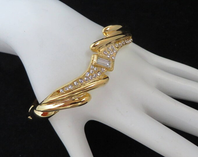 Gold Tone Rhinestone Bangle, Vintage Hinged Bracelet, Bridal Jewelry, Valentine's Day Gift