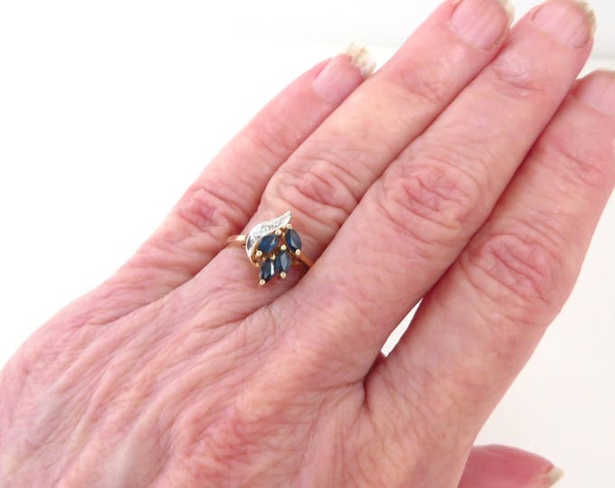 Sapphire Cocktail Ring, 10K Gold Ring, Vintage Diamond and Sapphire Cocktail Ring, Anniversary Ring, Size 6