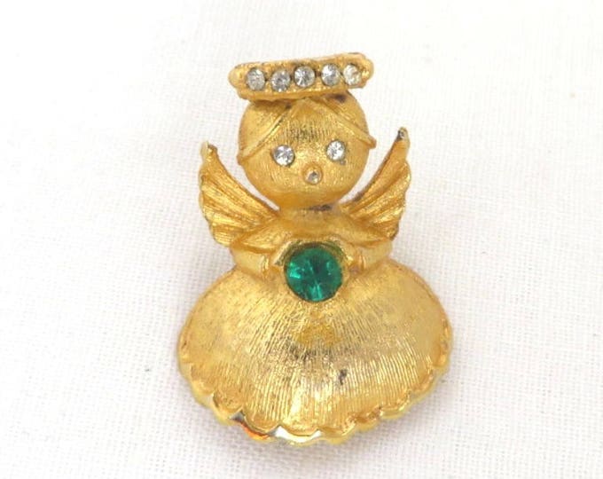 Vintage Pin - ULTRA Angel Pin, Emerald Birthstone Angel Brooch, Gold Tone Rhinestone Signed Designer Pin