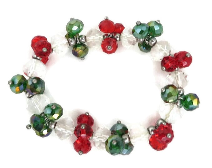 Christmas Beaded Stretch Bracelet, Red, Green, Clear Beaded Bangle