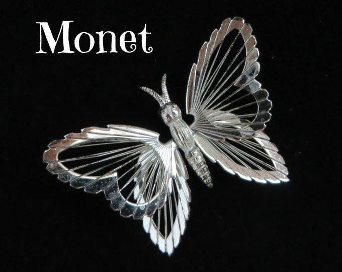 Monet Butterfly Brooch, Vintage Silver Tone Insect Pin, Signed Monet Spinneret Pin