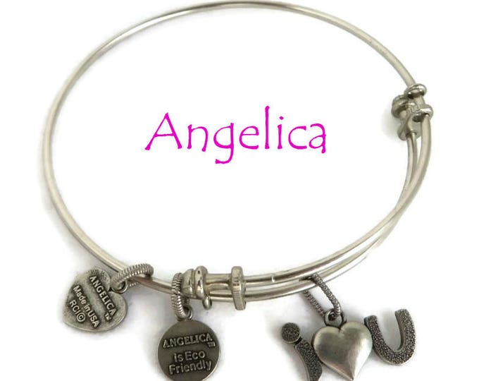 Vintage Charm Bracelet, Angelica Silver Tone "I Love You" Charm Bangle, Gift for Her