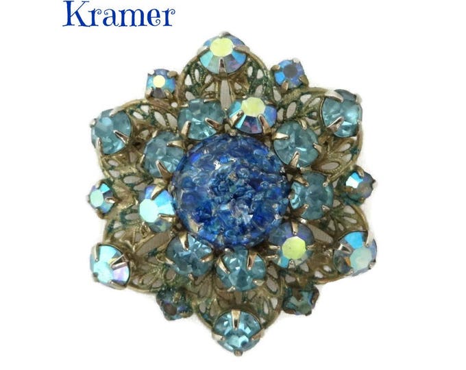 Vintage Kramer Brooch - Blue AB Rhinestone, Art Glass, Gold Metal Vintage Estate Jewelry, Gift idea, Gift Boxed