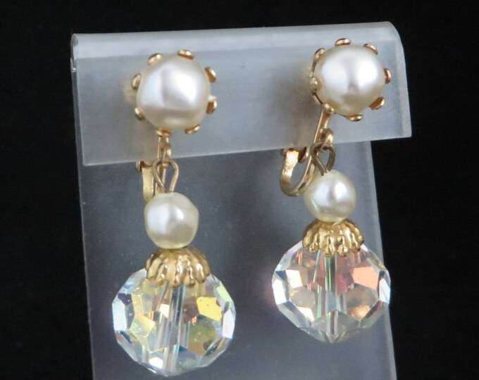 Pearl & Crystal Earrings - Vintage Gold Tone Dangling Crystal Clip-on Earrings, Bridal Jewelry, Gift for Her