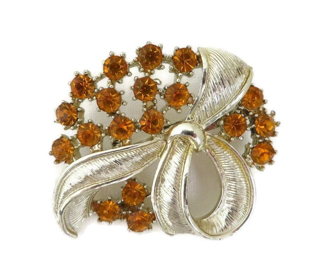 Vintage Orange Rhinestone Flower Brooch, Goldtone Bow Pin, 1960s Jewelry, Mid Century Brooch, Gift For Her