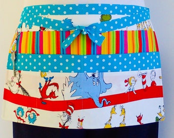 Teacher Apron, preschool daycare teacher half apron, utility apron, vendor hobby craft apron, Dr Seuss apron, teachers gift apron, 6 pockets