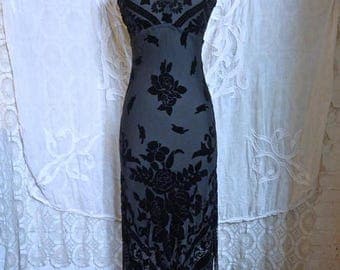SUMMER SALE Black Silk Velvet Burnout Fringe Dress