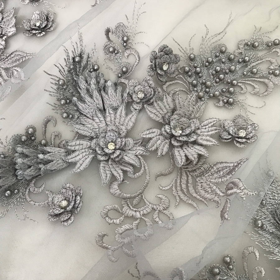 Heavy Beaded Lace Applique Fabrics with Rhinestone in Gray for Bridal
