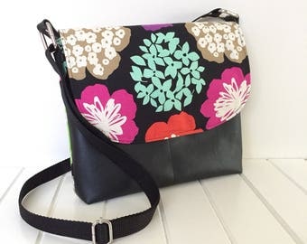 Cross Body Bag, Handbag, Messenger Bag, Handmade Purse, Floral Fabric Bag, Handmade Fabric Bag, Black Vinyl Bag, Vegan Bag, Echino fabric