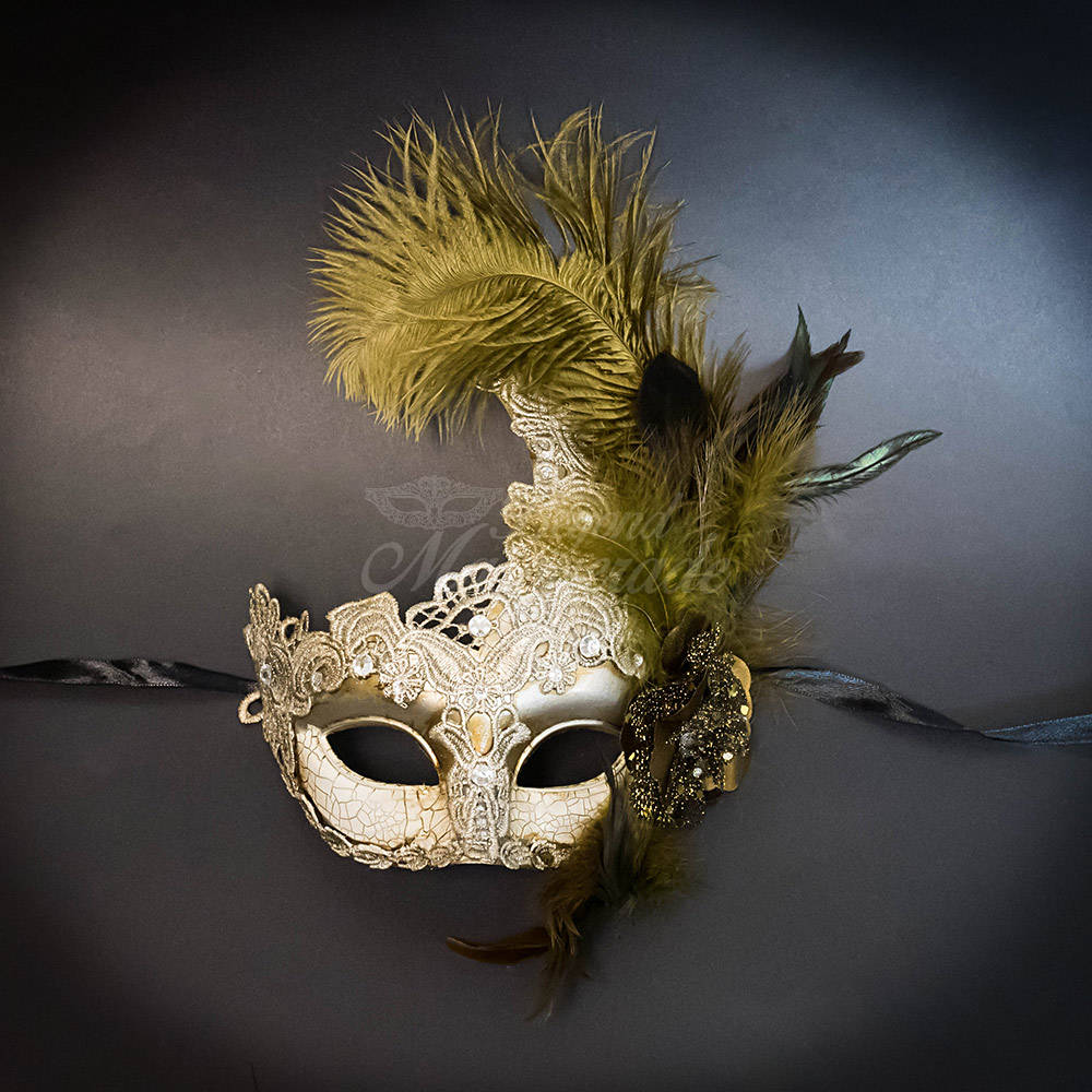 Feather Masquerade Mask Masquerade Mask Ivory Gold