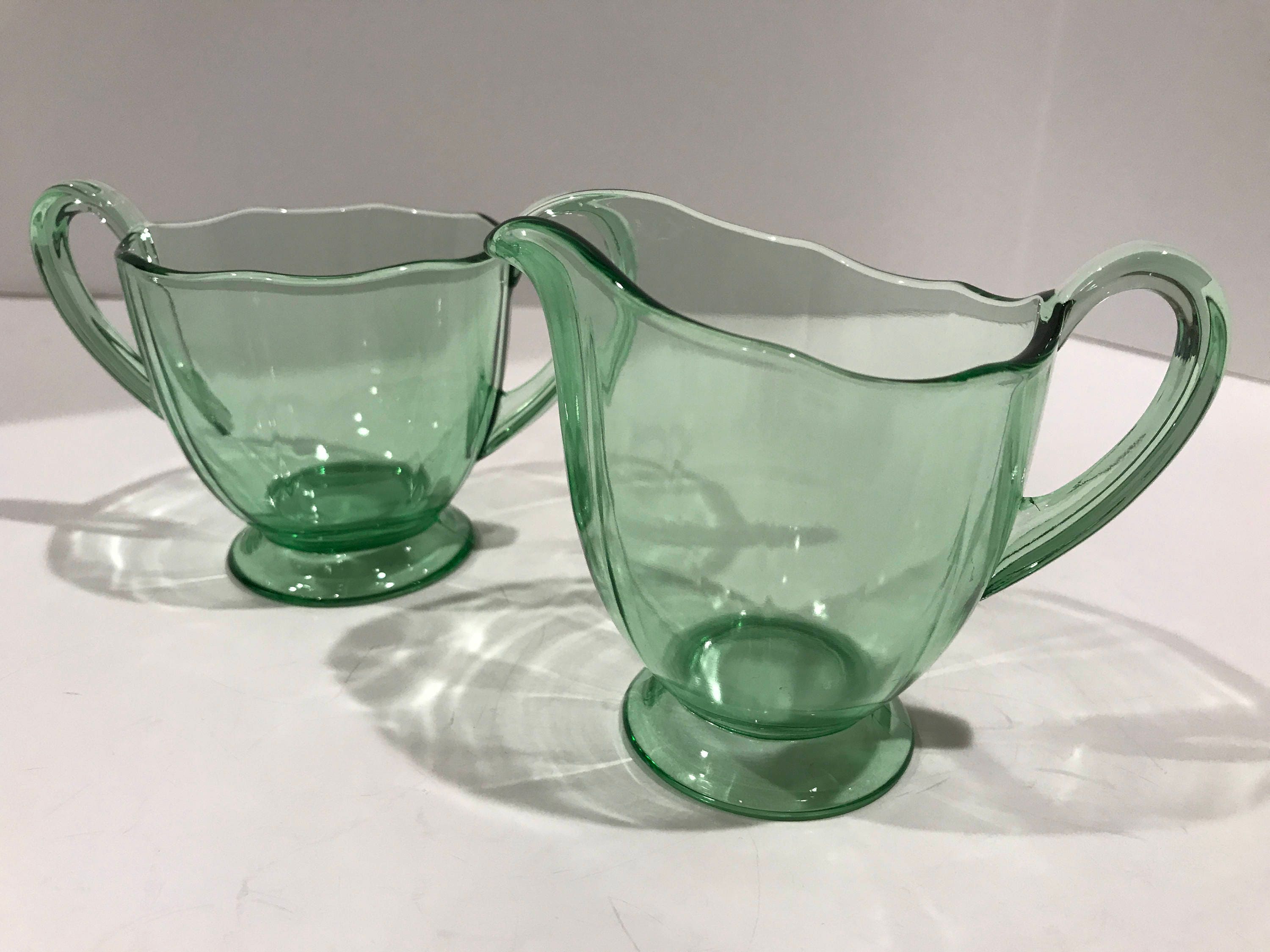 Fostoria Glass Creamer and Sugar Bowl, Green Fostoria, Green Depression