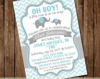 Baby Blue & Gray Elephant Baby Boy Shower Invite - Baby Boy Sprinkle Invitation - Elephant and Chevron - 5x7 - Digital Download - Printable