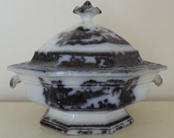 19th c. Mulberry Covered Casserole Ironstone Transferware England English Antique Staffordshire