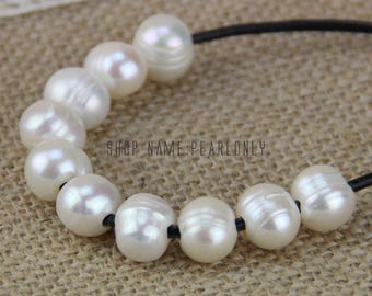 2mm large hole pearls bead,white large hole freshwater pearls,10mm potato near round big hole pearls wholesale,leather jewelry material,5pcs