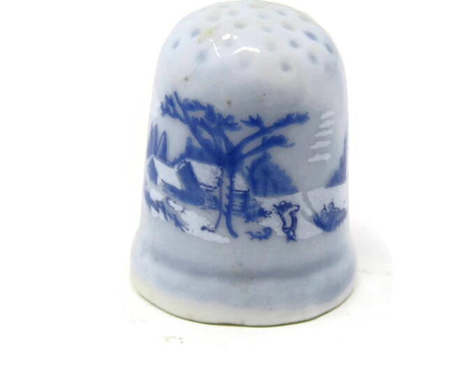 Vintage Porcelain Thimbles - Blue Currier and Ives Porcelain Thimbles Set - Blue White Porcelain Thimbles Home in Wilderness Praying hands