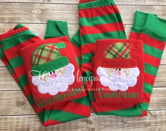 Monogrammed Christmas Santa Hat Plaid pajamas Xmas with name Baby Toddler Kid Christmas photos Children's personalized pjs Family Pajamas