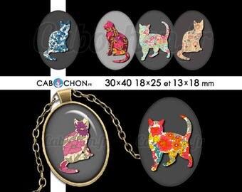 Liberty Cat 3 • 45 Images Digitales OVALES 30x40 18x25 13x18 mm chat silhouette liberty fleurs motifs retro vintage flowers