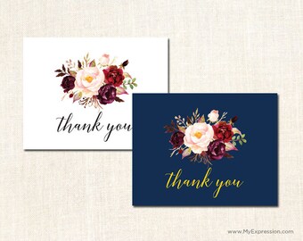 Elegant Floral Thank You Cards - Rustic Country Bridal Shower Thank You Cards -Navy or Burgundy - Set of 24 with envelopes