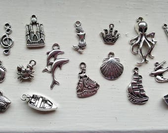 Little Mermaid Charm Set 16 Piece Tibetan Style Silver