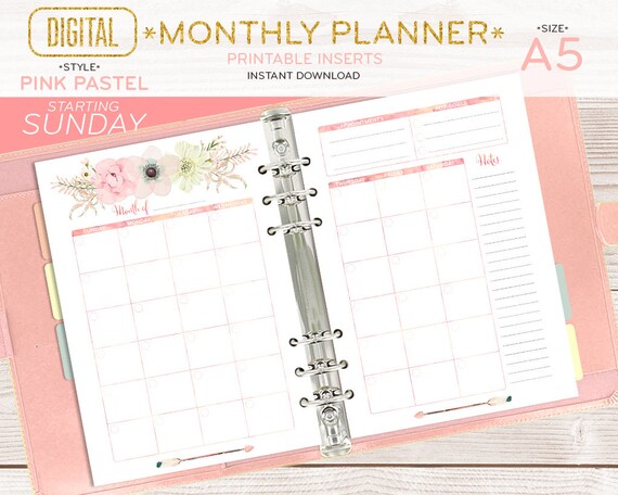 A5 Monthly planner printable pages organizer spread inserts