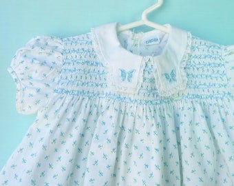 1950's Vintage White w/ Blue Rosebuds Infant Smocked Dress/Tunic by Nannette 12- 18 Months