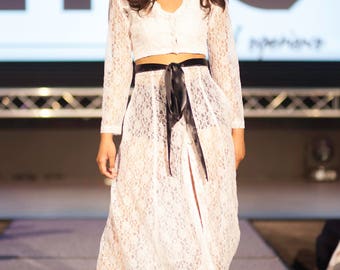 White Lace Long Sleeve Keyhole neckline crop top & Midi flared center front button up skirt with satin waist tie