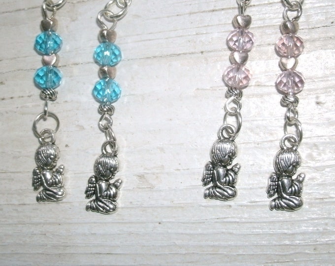Angel Child Praying Earrings, blue or pink, dangle earrings, angels, child praying, kneeling in prayer, crystal beads, silver charms, gift