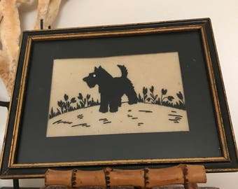 FREE SHIPPING - Vintage Framed Felted Scottie, Terrier Picture, 1930's